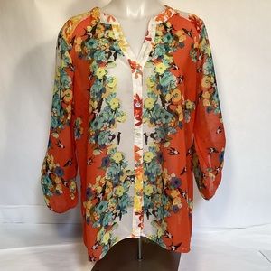 Figueroa & Flower Boho Sheer Floral Blouse Womens size large.
